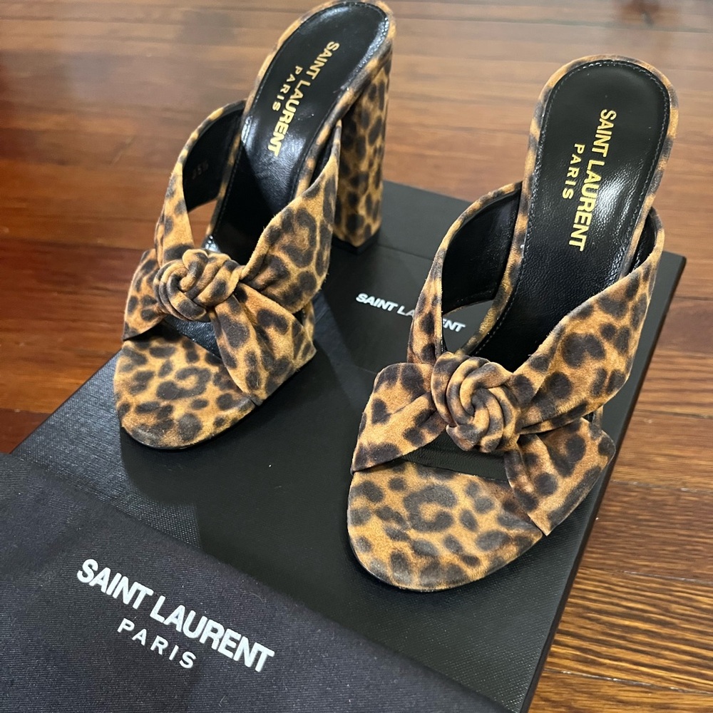 Saint Laurent Leopard Knot Mules in Brown and Black